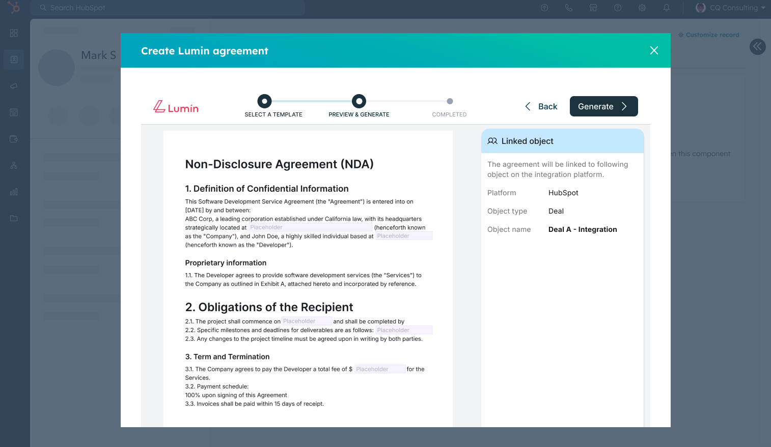 Preview and generate agreements